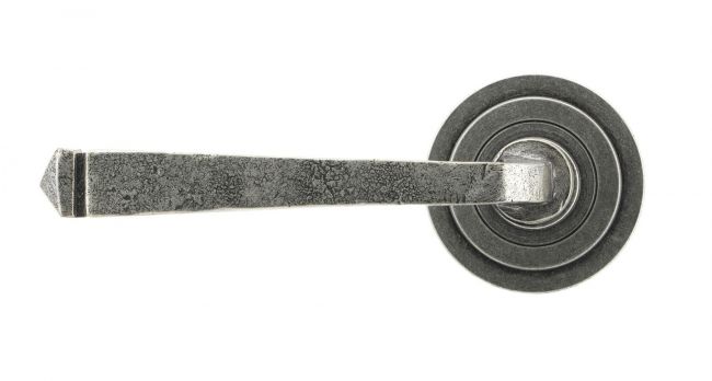 Aged Pewter Unsprung Lever Door Handle on Art Deco Rose Front Aged Pewter Unsprung Lever Door Handle on Art Deco Rose Front