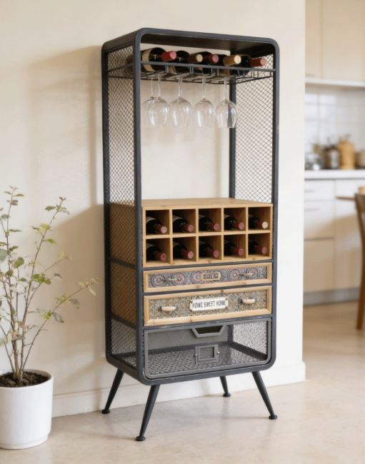 An Industrial Wine Cabinet Displayed with Wine Bottles and hanging Wine Glasses in a Contemporary Home Interior - Digital Illustration An Industrial Wine Cabinet Displayed with Wine Bottles and hanging Wine Glasses in a Contemporary Home Interior - Digital Illustration