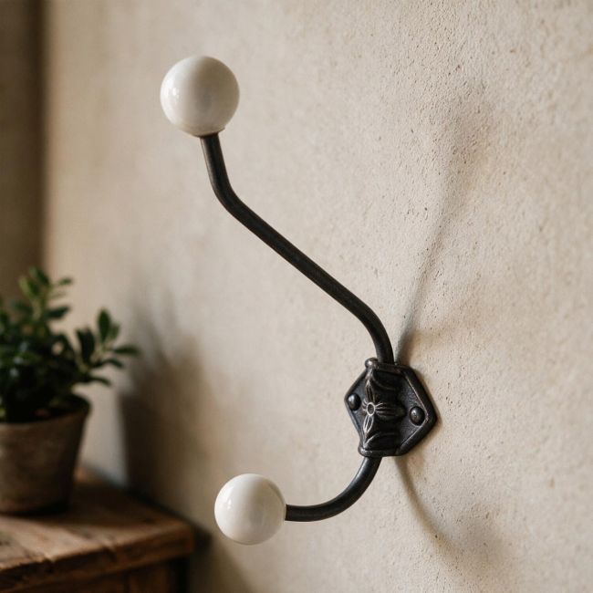 Large Iron Coat Hook With Off White Ceramic Tips