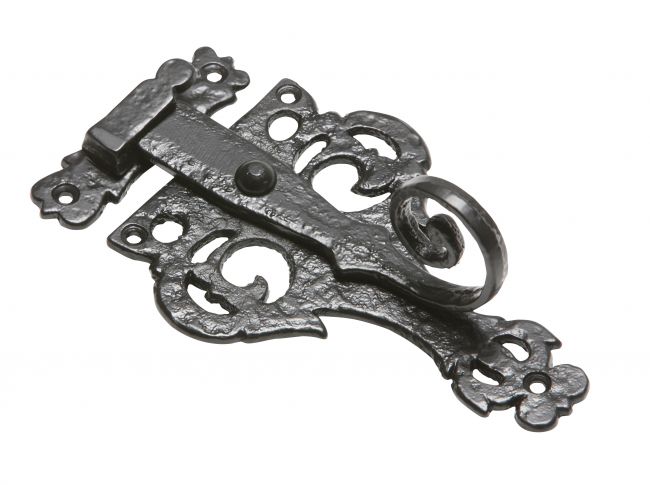 Antique Black Iron Ornate Casement Fastener With Hook Keeper Plate Antique Black Iron Ornate Casement Fastener With Hook Keeper Plate
