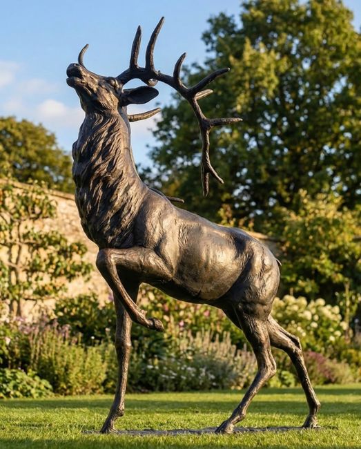 Antique Bronze "Regiment" Roaring Stag Garden Sculpture on Stand