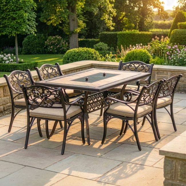 Antique Copper "Radford" Six Seater Table & Chair Set with BBQ Grill with cushions digital illustration