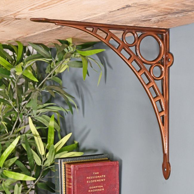Antique Copper Finish Iron Bridge Shelf Bracket in Situ holding a Wooden Shelf