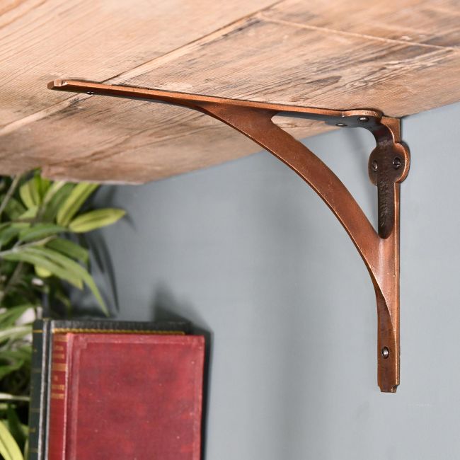 Antique Copper Stylish Architectural Shelf Bracket Holding a Wooden Shelf
