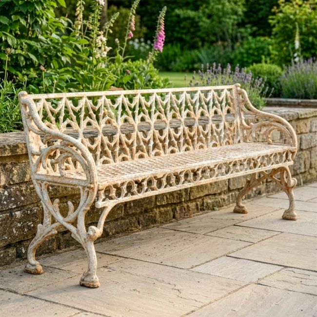 Antique Cream "Quatrefoil" Victorian Cast Iron Three Seat Bench Digital Illustration