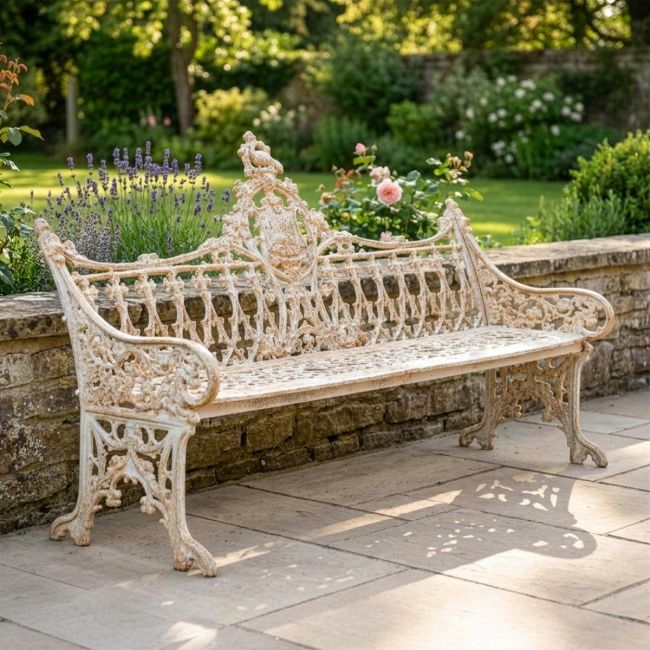 Antique Cream Cast Iron Gothic Three Seat Bench Digital Illustration