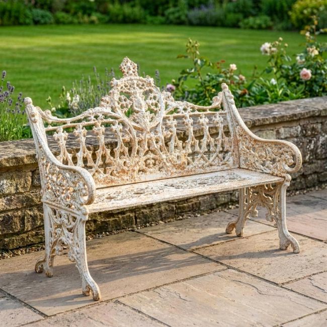 Antique Cream Cast Iron Gothic Two Seater Bench Digital Illustration