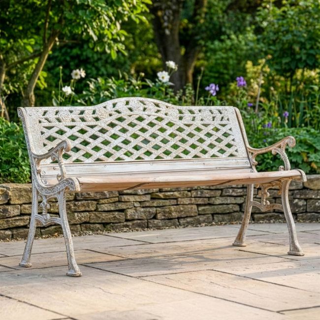 Antique Cream "Rose Lattice" Cast Iron Garden Bench Digital Illustration