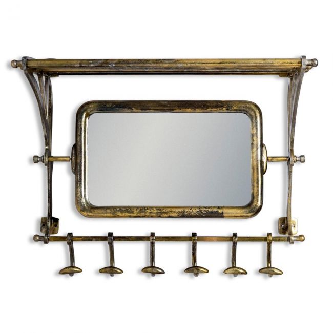 Luggage Wall Rack with Mirror in a Antique Gold Finish Luggage Wall Rack with Mirror in a Antique Gold Finish