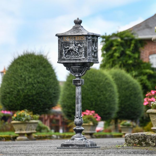 Antique Silver "Huntingdon" Victorian Post Box with Stand Antique Silver "Huntingdon" Victorian Post Box with Stand