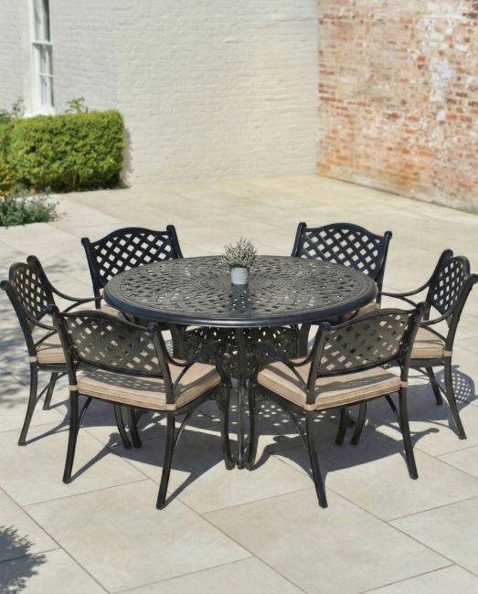 Black "Milford" Six Seater Furniture Set in Situ Outside on a Garden Patio with cushions