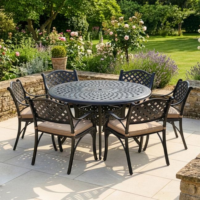 Black "Milford" Six Seater Furniture Set in Situ Outside on a Garden Patio with cushions digital illustration