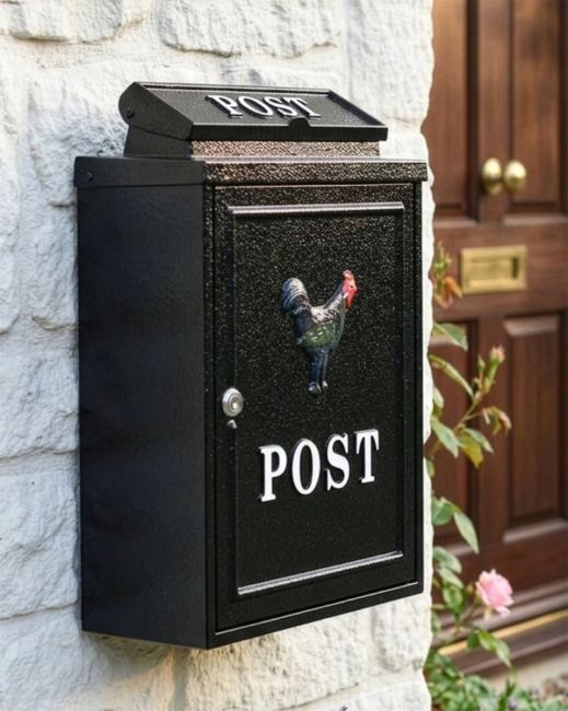 Black "Oxford" Rooster Wall Mounted Post Box with White Text digital illustration