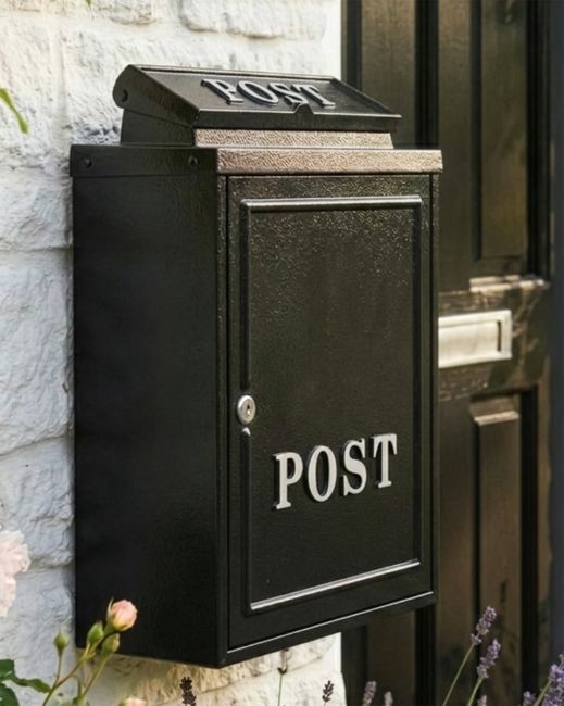 Black "Oxford" Wall Mounted Post Box with Silver Text digital illustration