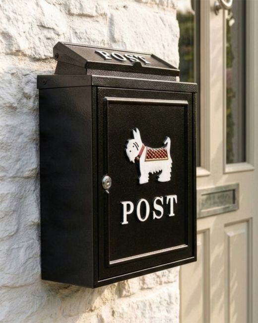 Black "Oxford" White Westie Wall Mounted Post Box digital illustration