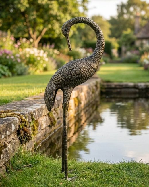 Black and Gold Freestanding Heron Sculpture Facing Back Digital Illustration