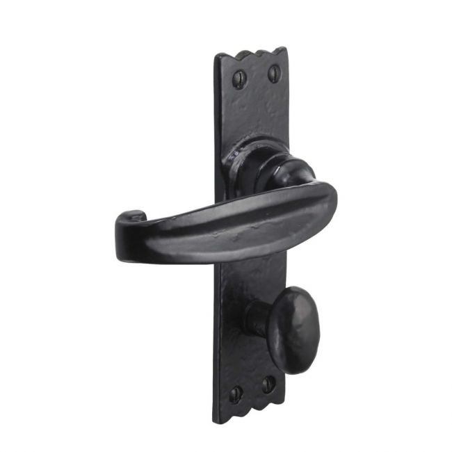Black Antique Bathroom Door Handles - Rustic Scalloped Privacy Lever Pair on a White Background Black Antique Bathroom Door Handles - Rustic Scalloped Privacy Lever Pair on a White Background
