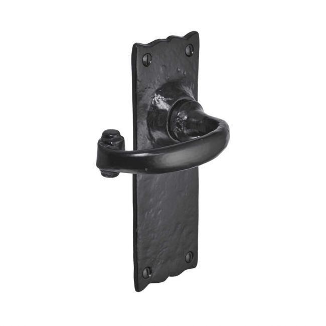 Black Antique Wide Backplate Door Handles - Rustic Scalloped Lever Latch Pair