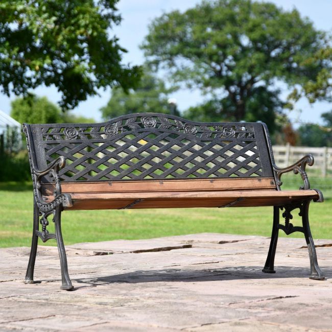Aged Black Cast Iron "Rose Lattice" Garden Bench Aged Black Cast Iron "Rose Lattice" Garden Bench