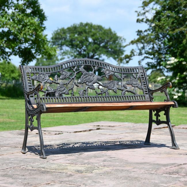 Aged Black Cast Iron & Wood "Rose" Garden Bench Aged Black Cast Iron & Wood "Rose" Garden Bench