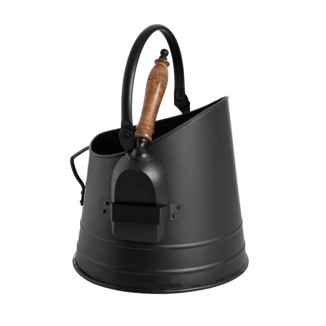 Coal Bucket With Traditional Wooden Shovel Finished in Black 