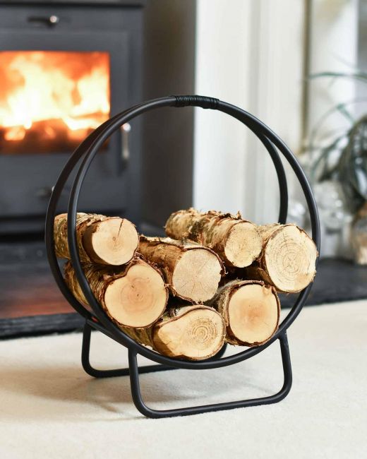 Black Contemporary Circular Log Rack & Holder With Handle - 45cm in Situ