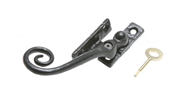 Black Iron Monkey Tail Wedge Window Casement Fastener With Locking Pin - Right Hand Black Iron Monkey Tail Wedge Window Casement Fastener With Locking Pin - Right Hand