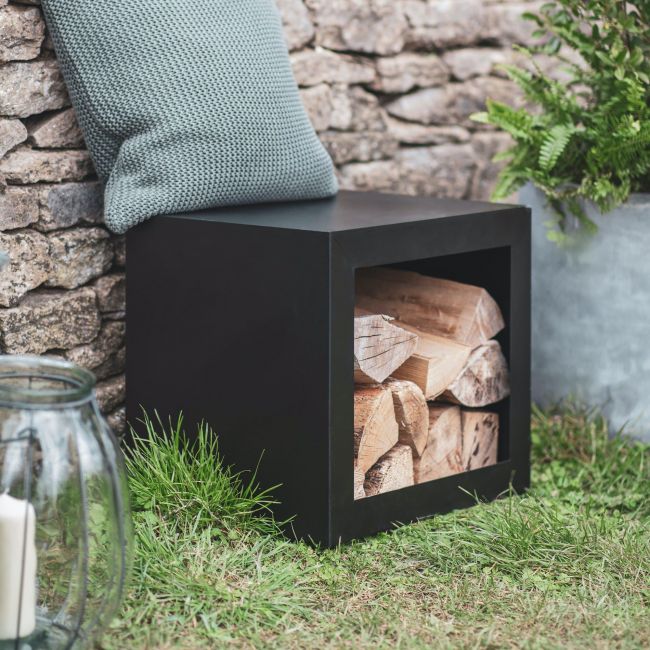 Black Metal Log Holder Stool in Situ Black Metal Log Holder Stool in Situ