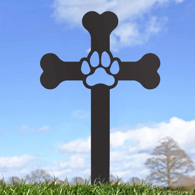 Paw Print on Dog Bone Cross Grave Marker Ground Spike in Black Finish Paw Print on Dog Bone Cross Grave Marker Ground Spike in Black Finish