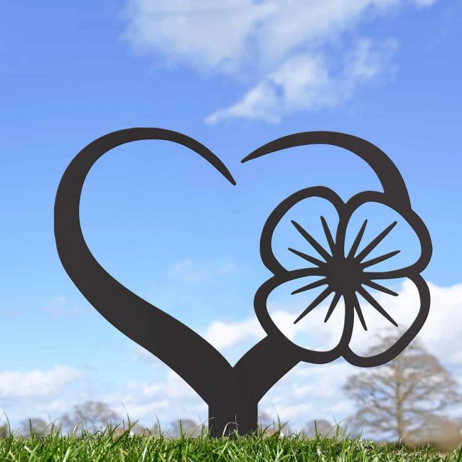 Poppy on Love Heart Grave Marker Ground Spike in Black Finish Poppy on Love Heart Grave Marker Ground Spike in Black Finish