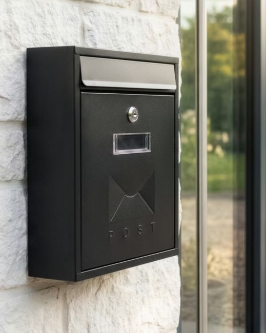 Black Rectangular Steel "POST" Wall Mounted Post Box with Lock digital illustration