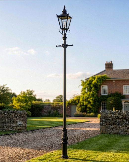 5.5m Black Victorian Lamp Post Set in Situ on a Driveway 5.5m Black Victorian Lamp Post Set in Situ on a Driveway