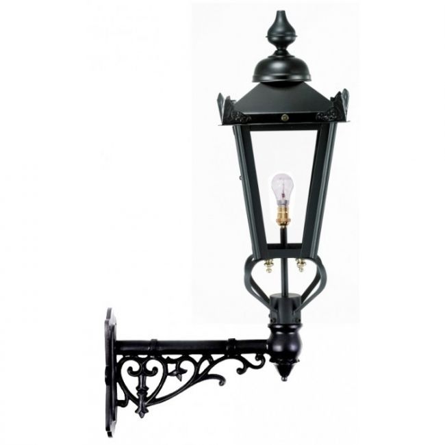 Black Victorian Lantern on an Ornate Wall Bracket Black Victorian Lantern on an Ornate Wall Bracket