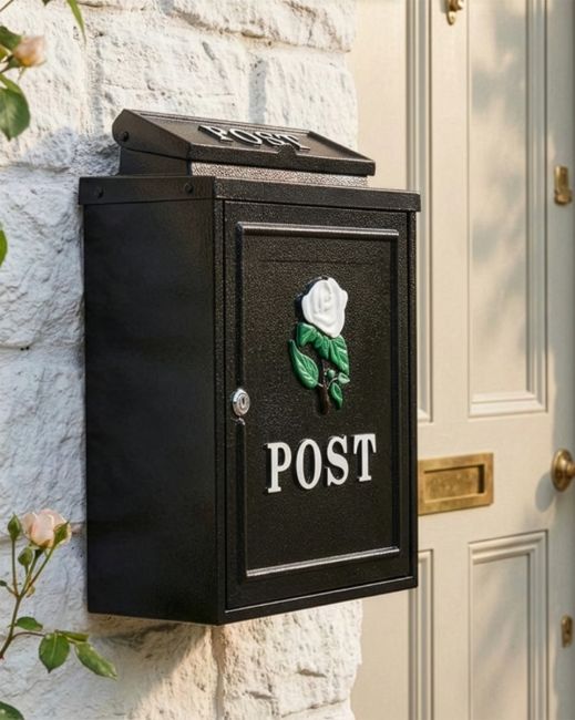 Black & White "Oxford Rose" Wall Mounted Post Box digital illustration