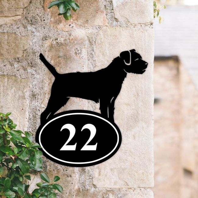 Bespoke Border Terrier Iron House Number Sign in Situ