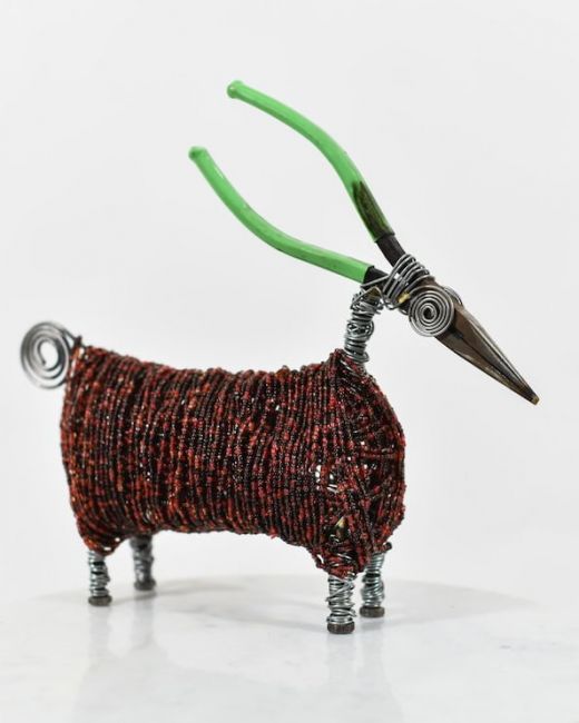 Recycled Metal Colourful Beaded Ram - Green & Red Recycled Metal Colourful Beaded Ram - Green & Red