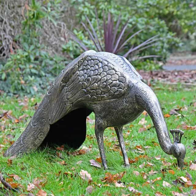 Bronze Finish Peacock Sculpture Feeding - Thumbnail Bronze Finish Peacock Sculpture Feeding - Thumbnail