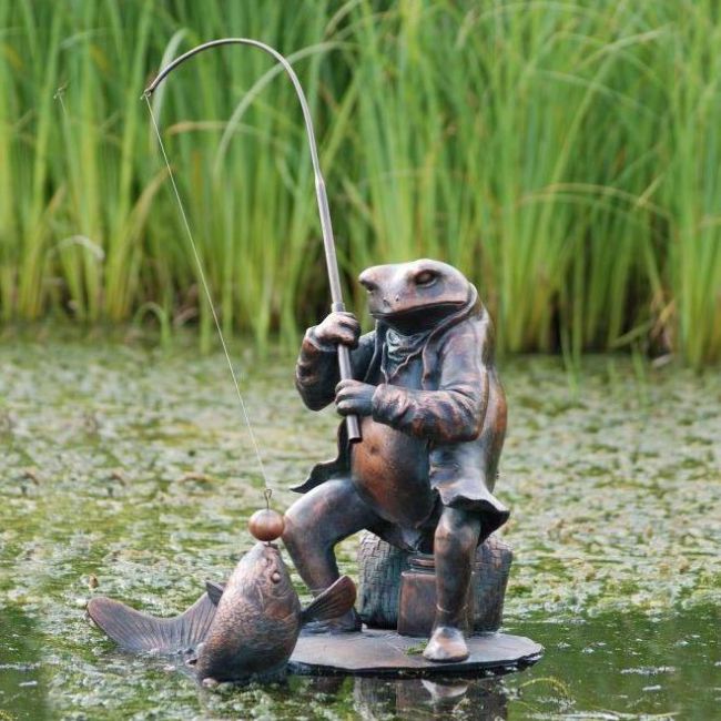 Bronze Fishing Frog Sculpture in Situ in a Pond
