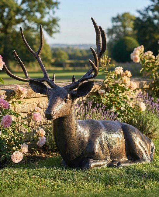 Brushed Bronze "Tranquil Glen" Lying Stag Sculpture digital illustration