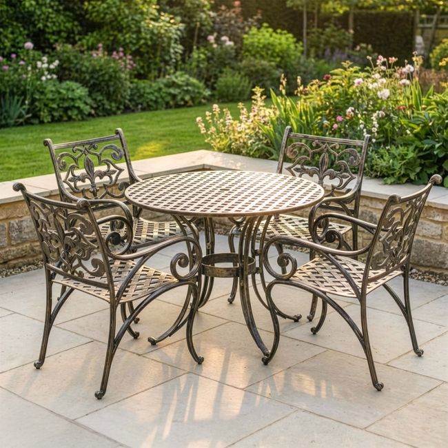 Brushed Gold "Flourish" Fleur-de-Lys Four Seater Table & Chair Set digital illustration