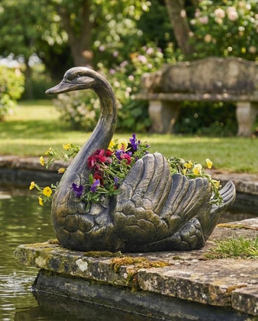 Brushed Gold Swan Flower Planter ai illustration