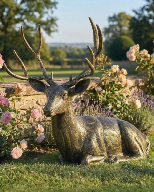 Brushed Gold "Tranquil Glen" Lying Stag Sculpture