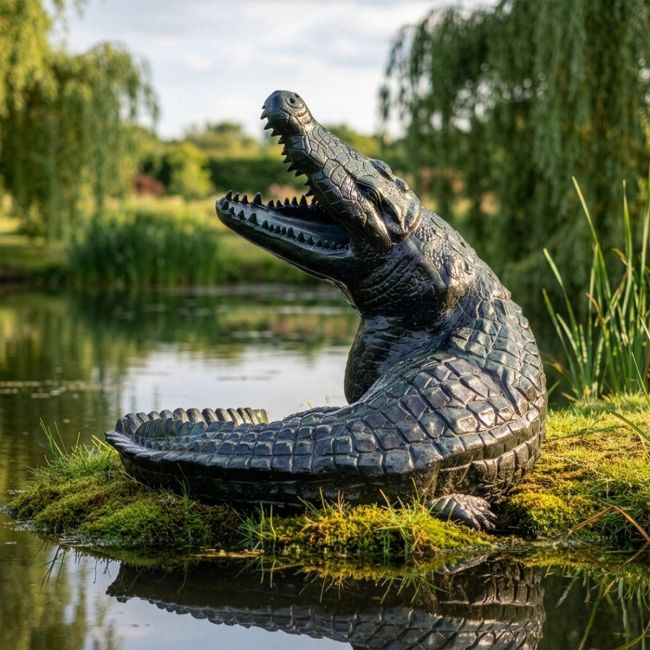 Brushed Green Cast Aluminium "Snappy" Alligator Garden Sculpture Digital Illustration