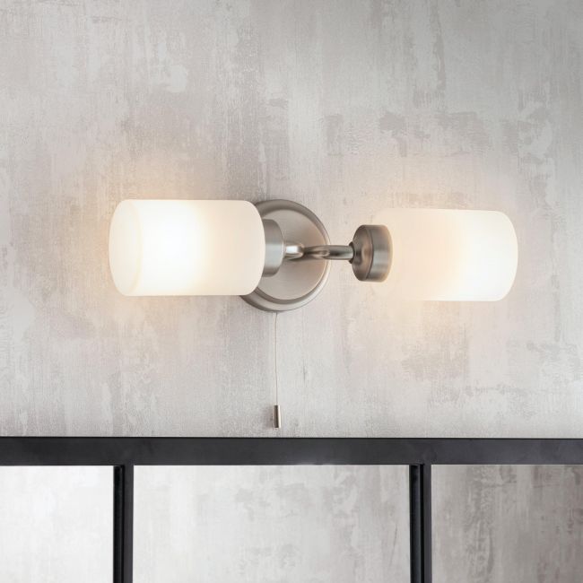 Brushed Nickel Bathroom Double Wall Light in Situ in the Home Brushed Nickel Bathroom Double Wall Light in Situ in the Home