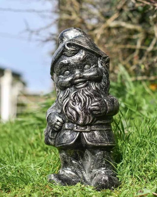 Brushed Silver Garden Gnome Sculpture in Situ