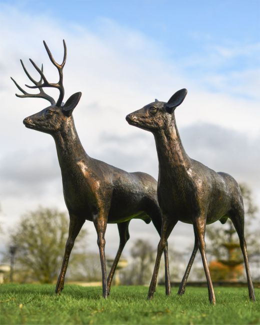 Set of Two - Cast Aluminium "Shadow" and "Spirit" Brushed Bronze Buck and Doe Garden Sculpture Set 