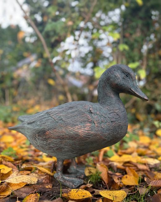 Cast Aluminium Duck Garden Sculpture In Verdigris