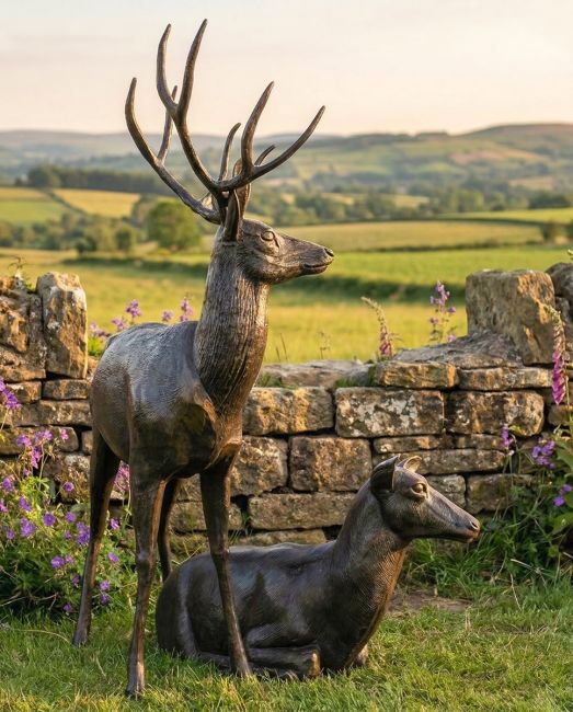 Cast Aluminium Standing Stag and Sitting Doe Sculptures digital illustration