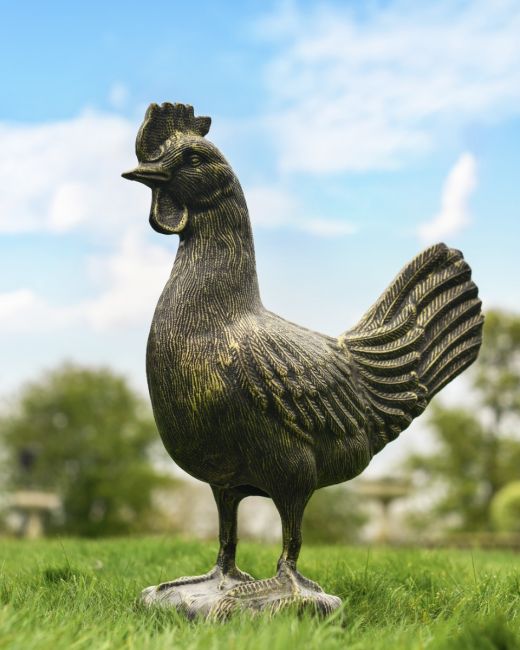 Cast Aluminum "Cooper" Rooster Garden Sculpture in Brushed Gold