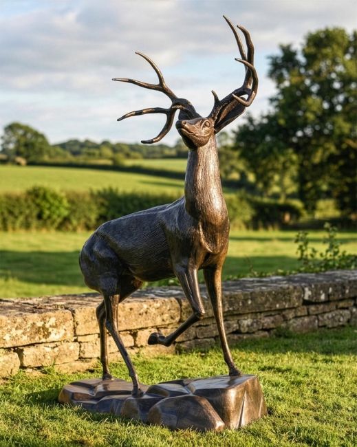 Cast Aluminum "Farnam" Stag on Rock Garden Sculpture in Brushed Gold Digital Illustration